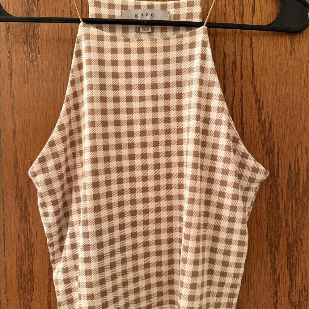 gaze Brown and Cream Gingham Halter Tank
